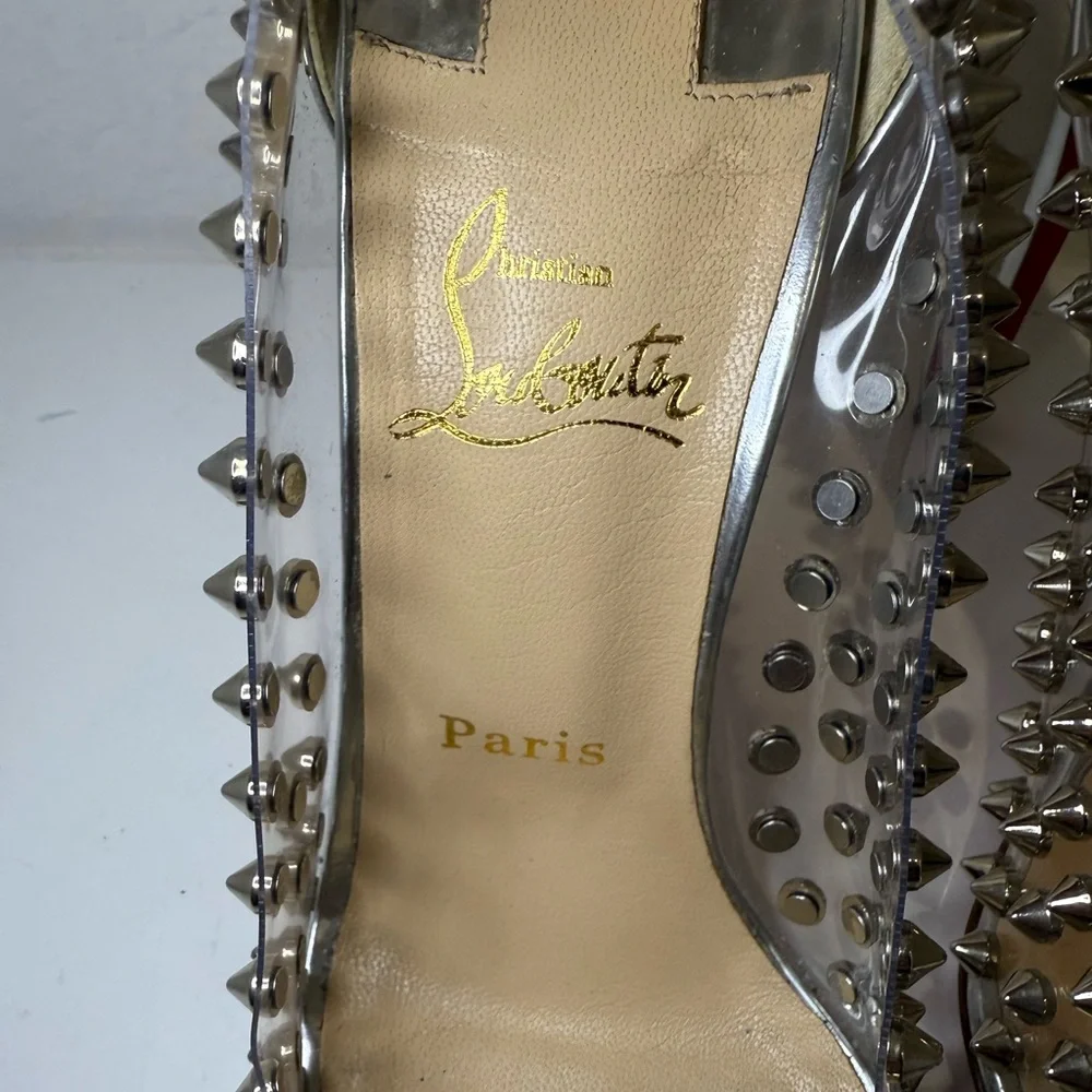 Christian Louboutin Metallic Silver Gloss Clear PVC Spike Me 100 Pumps Size 39